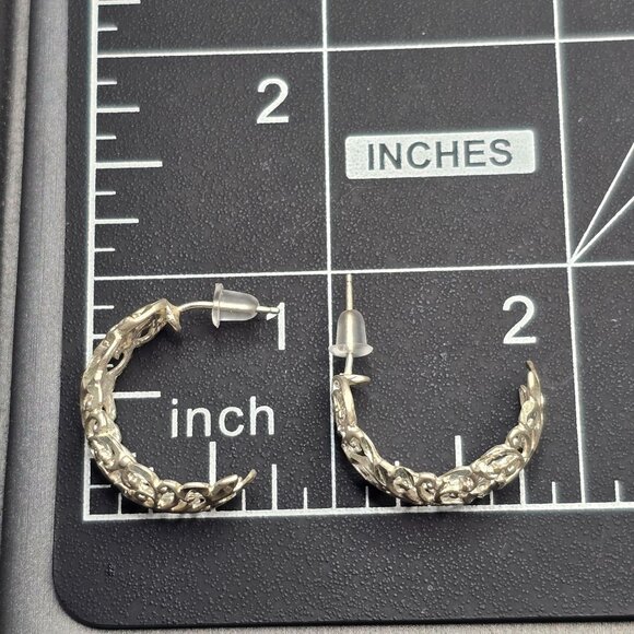 VTG Sterling Silver Diamond Cut Filigree Floral Half Hoop Earrings .75" Signed M - Picture 7 of 10